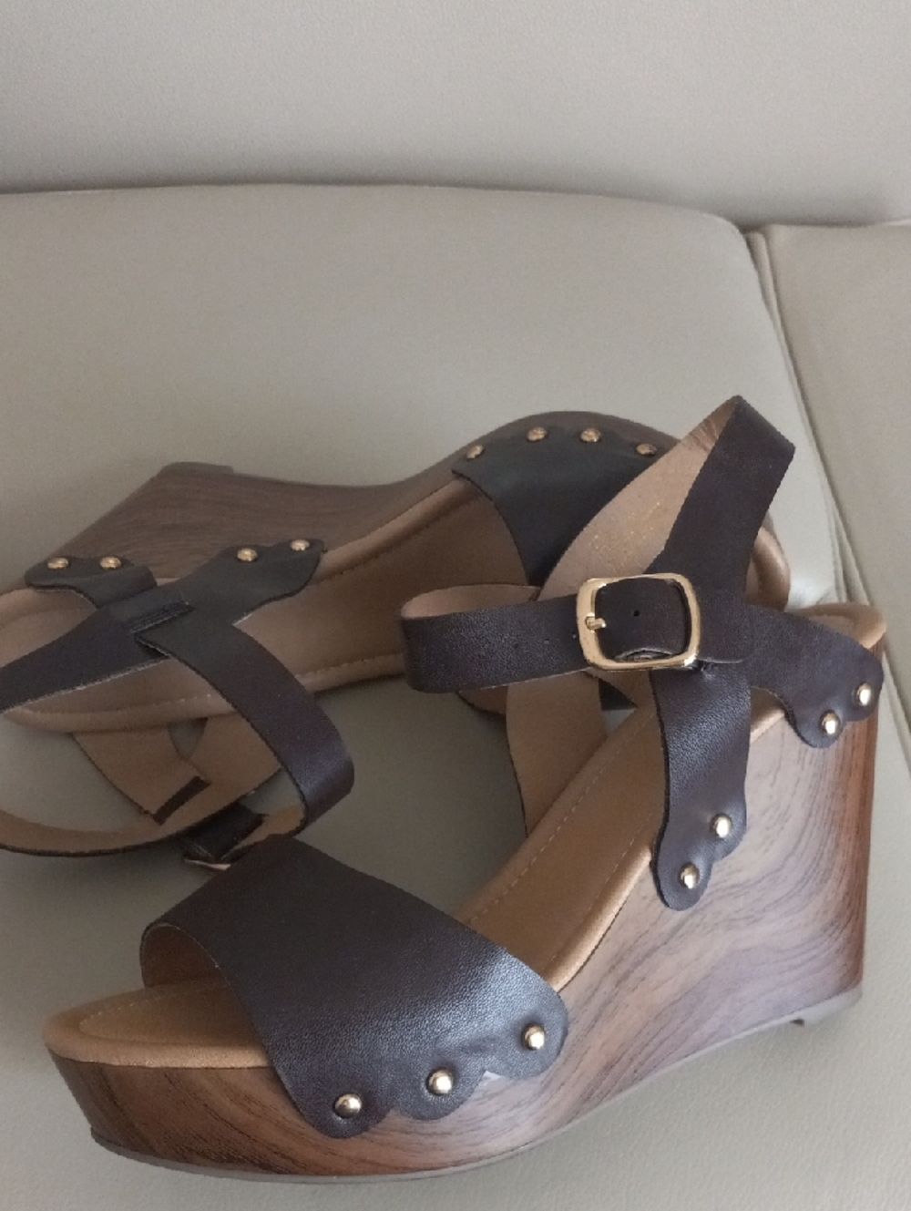 Diba Dark Brown Leather Wedge Sandals with Ankle Buckle Size 10M